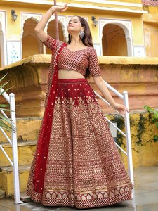 Maroon Sequin Applique Bridal <b>Lehenga</b> Choli Dupatta Raw Silk Embroidery Short Sleeves Knee-Length A-Line Silhouette Wedding - Product Image 5