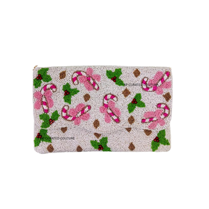 Handmade Beaded <b>Red</b> Candy Cane Pattern <b>Clutch</b> Embroidered Christmas Holiday Fashion Festive Handcrafted Beaded custom <b>clutches</b> - Product Image 3