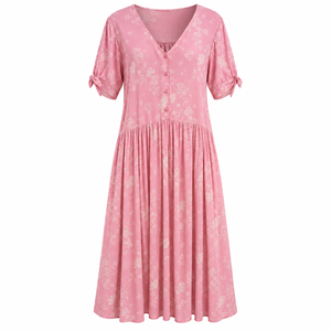 Vestido Maxi Estampado Estilo Preppy de Rayón Tejido SKL-0102, Transpirable, con Cuello en V y Mangas Abullonadas - Product Image 1