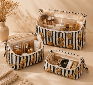 Ethically Handmade Cotton Quilted <b>Makeup</b> Bag Set Cute Cheetah Print Large Capacity Travel Toiletry <b>Case</b> Organizer Women - Product Image 5