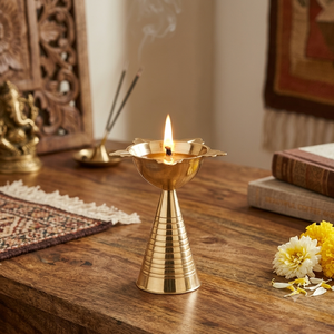 Tall Conical Ribbed Stand Brass Diya Traditional Indian Pooja Oil <b>Lamp</b> <b>Antique</b> Gold Finish Home Temple Decor Wholesale Suppliers - Product Image 4