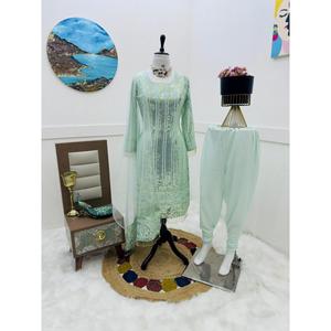 Hilo Georgette de diseñador con parte superior e inferior de trabajo de secuencia con accesorios de disfraz Dupatta Sky Color - Product Image 2