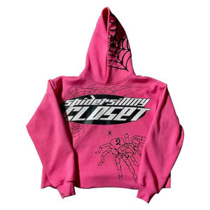 Sweat-shirt unisexe à capuche imprimé toile d'araignée rose personnalisé, style Y2K streetwear, coupe oversize, en coton épais, pour le hip-hop - Product Image 1