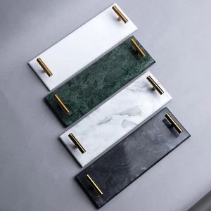 Juego de Bandejas de Servir Modernas de Mármol y Metal, Platos Decorativos Rectangulares con Asas Blancas, Verdes, Grises y Doradas para Cumpleaños, Lujo - Product Image 1
