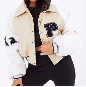 Chaqueta Varsity Beige Blanca para Mujer, Estilo Preppy, Manga Corta, Cierre de Botones, Chaqueta Universitaria de Béisbol, Corte Ajustado, para Otoño - Product Image 4