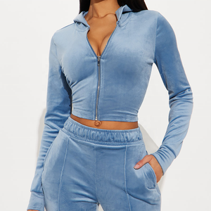 Trendy Sportswear <b>Women</b> Light Blue <b>Velour</b> Hooded Zipper Crop Top And Long Pants 2 Piece Set Casual <b>Tracksuit</b> Matching <b>Women</b> Set - Product Image 4