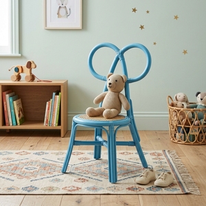 Silla Infantil Moderna de Ratán Hecha a Mano al por Mayor, Muebles Cómodos y Elegantes para Cuarto de Juegos, Asiento con Respaldo de Flecha Azul - Product Image 3