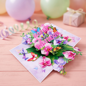 Carte de vœux 3D pop-up orchidée Viet-craft Joyeux Anniversaire avec papillons et fleurs, écologique et personnalisable pour les fêtes - Product Image 6