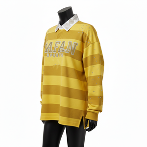 Camiseta de Rugby Extra Grande para Mujer, de Algodón Grueso GSM, con Paneles a Rayas Color Mostaza, Cuello en Contraste, Logotipo de Chenille, Personalizada - Product Image 4