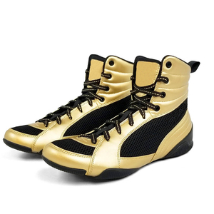 Zapatos de Boxeo de Caña Alta Negros y Rojos de Cuero con Cierre de Velcro Transpirables Unisex para Adultos Entrenamiento de Artes Marciales Personalizables - Product Image 1