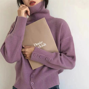 Suéter de Punto con Cuello Alto Blanco para Mujer, Manga Larga, Detalle de Botones, Estilo Minimalista, 100% Acrílico, Color Sólido - Product Image 2