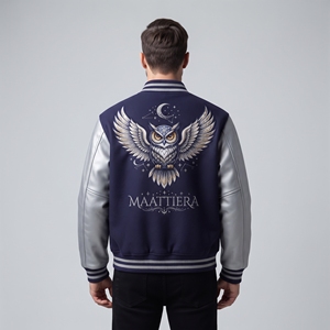 Mens Navy Owl Embroidered Bomber <b>Jacket</b> <b>Silver</b> Leather Sleeves Custom Streetwear Fashion <b>Jacket</b> - Product Image 2