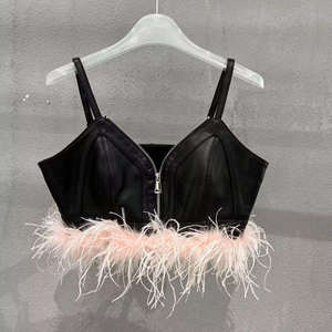 Women's Plus Size Black Leather Zip Front High Support <b>Bralette</b> <b>Top</b> with Crisscross Straps Eco-Friendly & <b>Pink</b> Feather Trim - Product Image 1