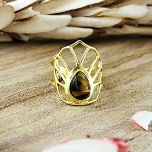 Trendy Design Boho Crown <b>Tiger</b> <b>Eye</b> <b>Rings</b> Tribal Brass <b>Rings</b> for Women 18k Gold Plated Statement Crown <b>Ring</b> for Wholesale/OEM/ODM - Product Image 1