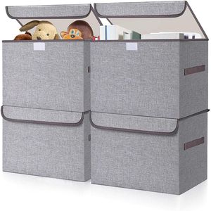 22 Quart Linen Fabric Foldable <b>Storage</b> Bin Cube Organizer with Flip Top Lid and Handles for <b>Clothes</b> and Blankets - Product Image 1