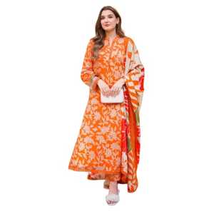 Salwar Kameez en coton à motifs floraux orange pour femme, coupe ample, longueur genou, tenue ethnique traditionnelle Inde Pakistan, décontracté, pour fêtes, livraison rapide - Product Image 1