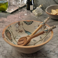 Ensemble de bols de service en bois de manguier émaillé, grand format, style européen, avec impression personnalisée, finition polie, thème Amour, avec cuillères, cadeau Feng Shui pour Maman, Petite Amie, Art