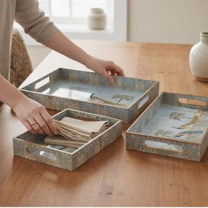 Handcrafted Decorative Wooden Serving <b>Tray</b> Set with Peacock Design Nesting <b>Storage</b> <b>Trays</b> Blue Vintage Printed Home Decor - Product Image 3