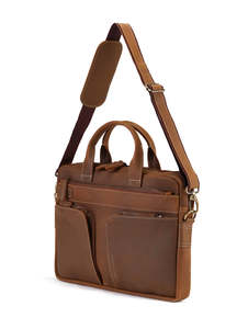 Brown Leather Laptop Bag with Dual Compartments Front Zipper Pockets and Adjustable Shoulder Strap Low MOQ - Product Image 3