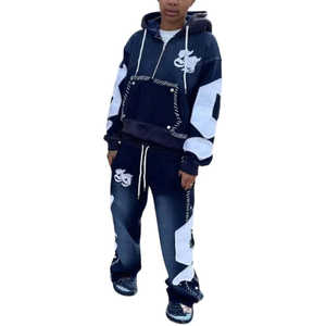 Sudadera con capucha vintage de lavado ácido con logo bordado de parche desgastado personalizado OEM, chándal de tela gruesa con pantalón acampanado - Product Image 5