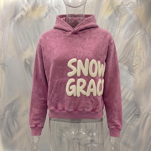 Snow Grace Oversized Crop <b>Hoodie</b> <b>Pink</b> Raised Rubber Print Unisex French Terry Winter Style - Product Image 3