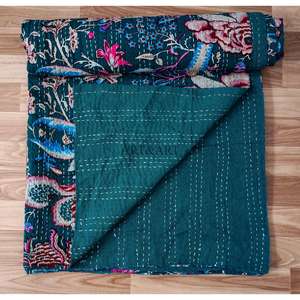Couvre-lit Kantha fait main de haute qualité, 100% coton, imprimé à la main, motif floral, poids du tissu 220g, origine Rajasthan - Product Image 5
