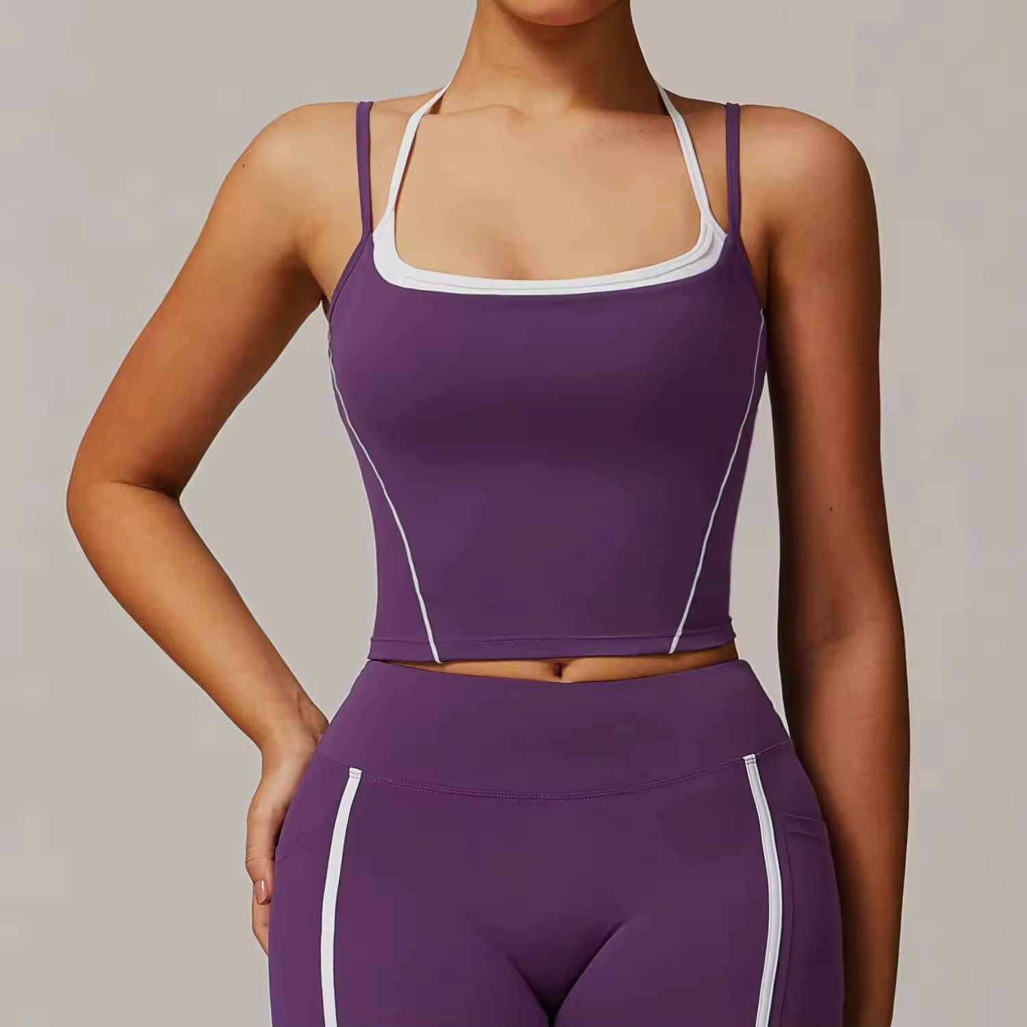 Women Halter Square Neck Sports Tank Top with Built in Bra High Elastic Quick Dry Breathable Yoga Gym Workout Crop Top