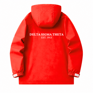 Veste coupe-vent et imperméable personnalisée Delta Sigma Theta Sorority, rouge et blanche, en polyester, manches longues, fermeture éclair sur le devant, logo brodé - Product Image 3