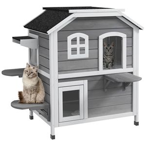 Casetta per Gatti a 2 Piani in Legno Grigio con Porta di Fuga, Tetto Apribile in Asfalto e 4 Piattaforme, Cuccia Esterna per Gatti Randagi, Arredamento per Animali Domestici - Product Image 1
