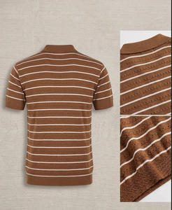 Camiseta polo a rayas marrones para hombre, mezcla de algodón, tejido de punto, manga corta, ropa informal de verano - Product Image 4