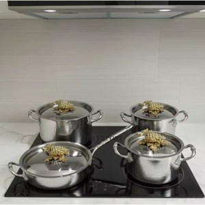 Hammered Silver Stainless Steel Eco-Friendly Gas Induction Ready Premium Serving <b>Pot</b> Decorative Gold Grapes Lid Handles - Product Image 4