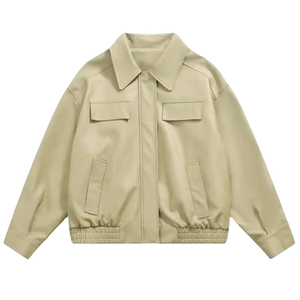 Unisex Beige PU Leather Eco-friendly Bomber <b>Jacket</b> Zipper Closure Front Workwear Turn-down Collar Loose Fit <b>Short</b> Regular <b>Sleeve</b> - Product Image 2