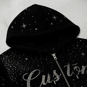 Glory Custom Black Rhinestone Star Zip Up Hoodie 100% Cotton Soft Eco Friendly Fabric For Unisex Comfort Wear - Product Image 3