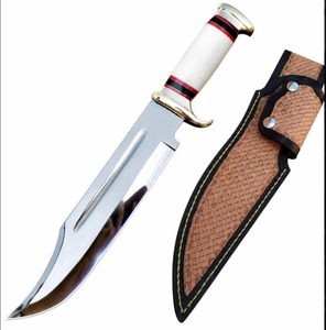 Couteau de chasse personnalisé avec lame en acier inoxydable à pointe tombante et manche blanc avec fourreau en cuir à rayures rouges - Product Image 1