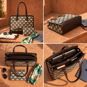 Bolso de Mano Ejecutivo de Lujo Personalizado para Portátil, con Estampado Jacquard de Jaipur, con Bolsillo y Detalles en Cuero, Set de Maletín para Mujer - Product Image 3