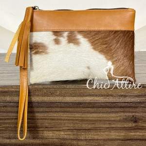New Arrival Luxury Hair On Cowhide Leather Wristlet Clutch Wallet for Women Floral Hand Tooled Leather Western Boho Zipper Purse - Product Image 1