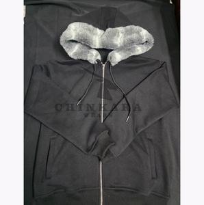 Sudadera con capucha de algodón mezclado con cremallera, unisex, de secado rápido, estampada, con bordado personalizado y capucha de piel, venta al por mayor OEM y ODM - Product Image 3