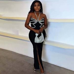 Vestido de Noche Negro Recto Midi de Lujo con Cuello Halter y Cadena de Cristales, Elegante Vestido de Gala VIP de Alta Costura - Product Image 2