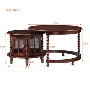 Tavolino da Caffè Rotondo Vintage Fatto a Mano con Sei Ante in Vetro a Forma di Bambù, Gambe Retro con Perline, Noce, 80 cm, Set con Dettagli in Ottone - Product Image 3