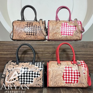 2026 Beautiful Checkered Handcrafted Genuine Cowhide <b>Leather</b> Large Speedy Bag Western Travel Duffel Shoulder Bag for Women's - Product Image 1