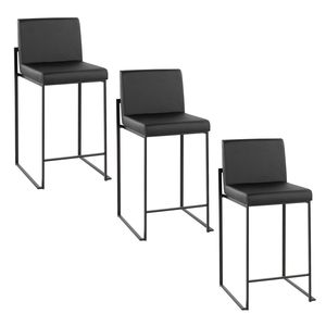 Juego de 3 taburetes contemporáneos Fuji de 26 pulgadas con respaldo alto en acero negro y piel sintética negra - Product Image 1