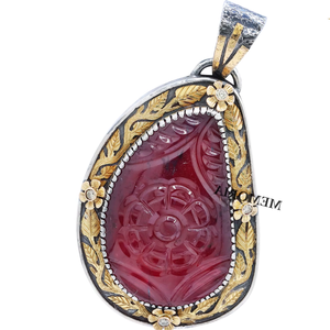 Colgante de Plata de Ley 925 de oro amarillo de 18 quilates hecho a mano, cabujón Vintage, Diamante de Rubí, flor tallada, regalo de joyería fina certificado GIA - Product Image 6