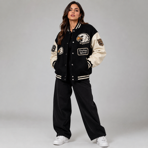 Veste de sport Oxytag, style varsity, noire et crème, avec broderie animale, manches longues, coupe classique, pour femme, vêtements d'automne, prix avantageux - Product Image 2