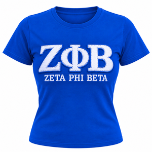 Camiseta Zeta Phi Beta para Mujer, Azul Rey y Blanco, con Apliques de Letras Griegas en Chenilla, Cuello Redondo, Manga Corta, Ajustada, para Hermandad - Product Image 3