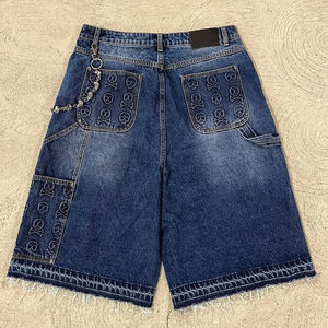 Custom Raw Hem Distressed <b>Embroidered</b> <b>Jeans</b> Shorts for <b>Men</b> Cotton Baggy Jorts Rhinestone - Product Image 2