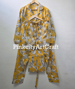 Pure Cotton Mustard Yellow Flock Print Summer Nightwear Set <b>Women</b> Comfortable Breathable Quick <b>Dry</b> Loungewear Sleepwear - Product Image 6