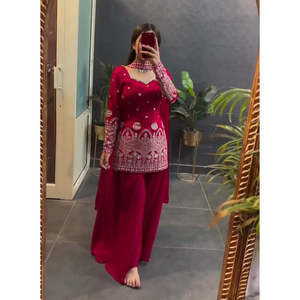 Salwar Kameez Rojo de Algodón para Fiesta, Talla XL, Top-Bottom y Dupatta con Bordado de Lentejuelas, Fendi Fashion - Product Image 3