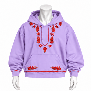 Sweat à capuche brodé Lavender Indus, motif floral, poche kangourou, coupe oversize, style streetwear décontracté - Product Image 1