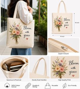 Sac fourre-tout en toile écologique avec imprimé floral et citation Bloom with Grace - Sac de courses réutilisable en coton pour femme - Product Image 5