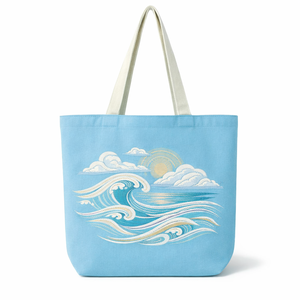 Sac fourre-tout en toile bleue COTTON VOYAGE avec motif océan brodé, grande capacité, réutilisable, avec poignée longue pour le shopping et la plage - Product Image 1